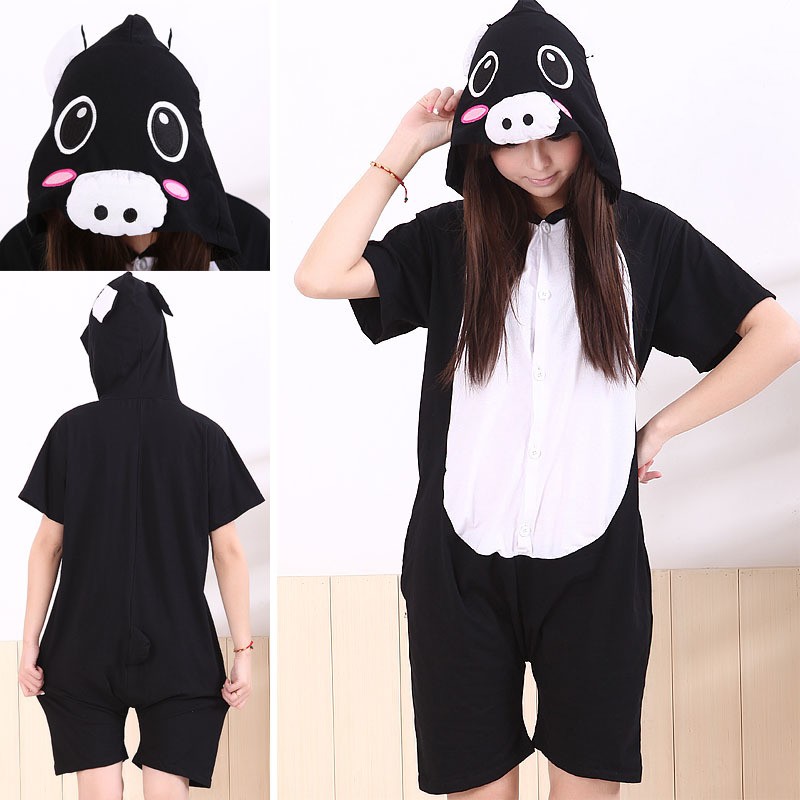 Unisex Black Pig Pajamas Animal Onesies Hoodie Kigurumi Short Sleeve