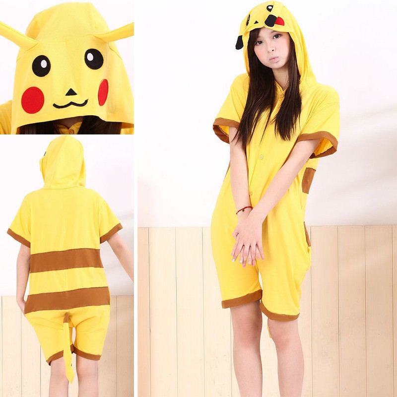 Unisex Pikachu Pajamas Animal Onesies Hoodie Kigurumi Short Sleeve