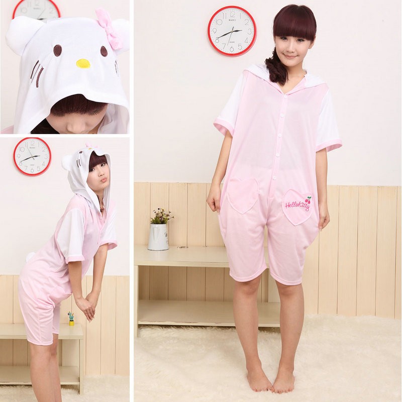 Unisex Pink HKT Cat Kigurumi Onesiess Pajamas Hoodie Costume Pyjama Short