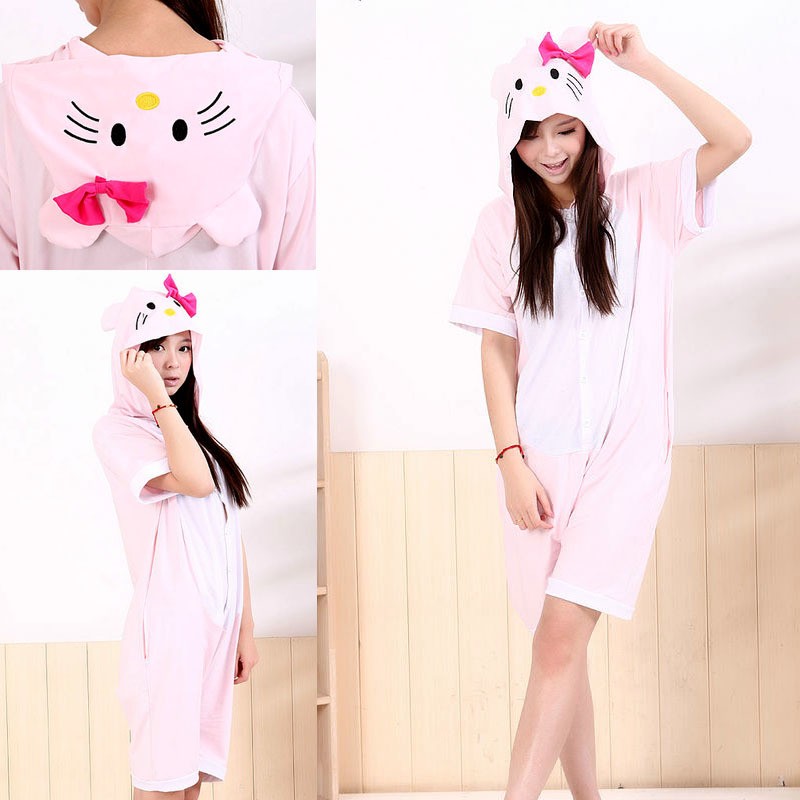 Unisex Pink KT Cat Pajamas Animal Onesies Hoodie Costume Kigurumi Short Sleeve