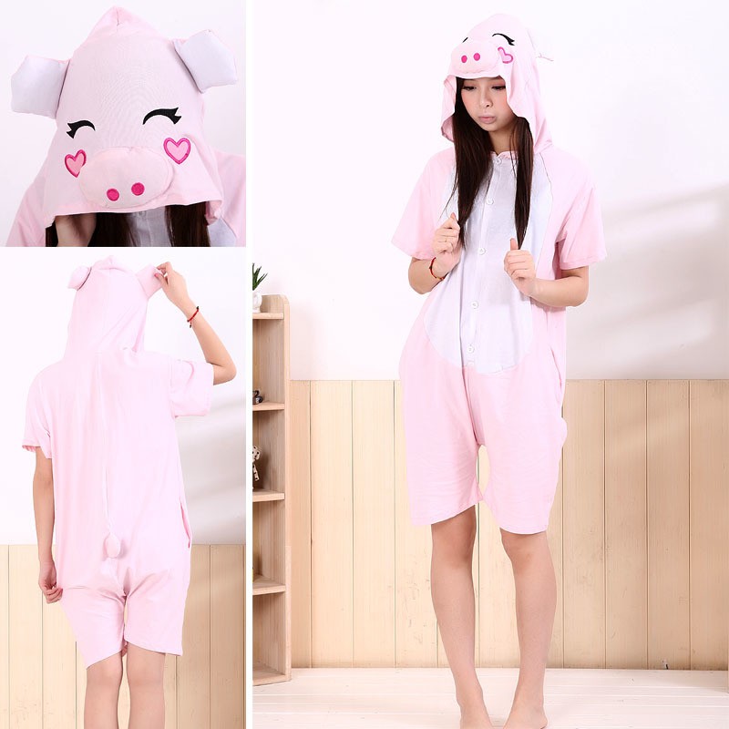 Unisex Pink Pig Pajamas Animal Onesies Costume Kigurumi Short Sleeve