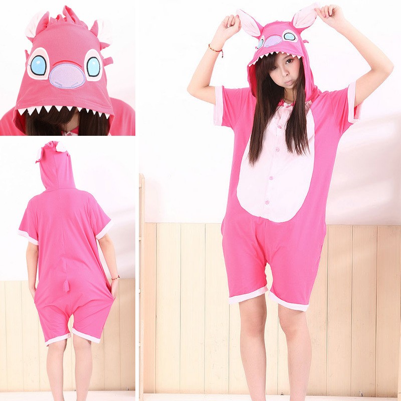 Unisex Pink Stitch Pajamas Animal Onesies Hoodie Kigurumi Short Sleeve Costume