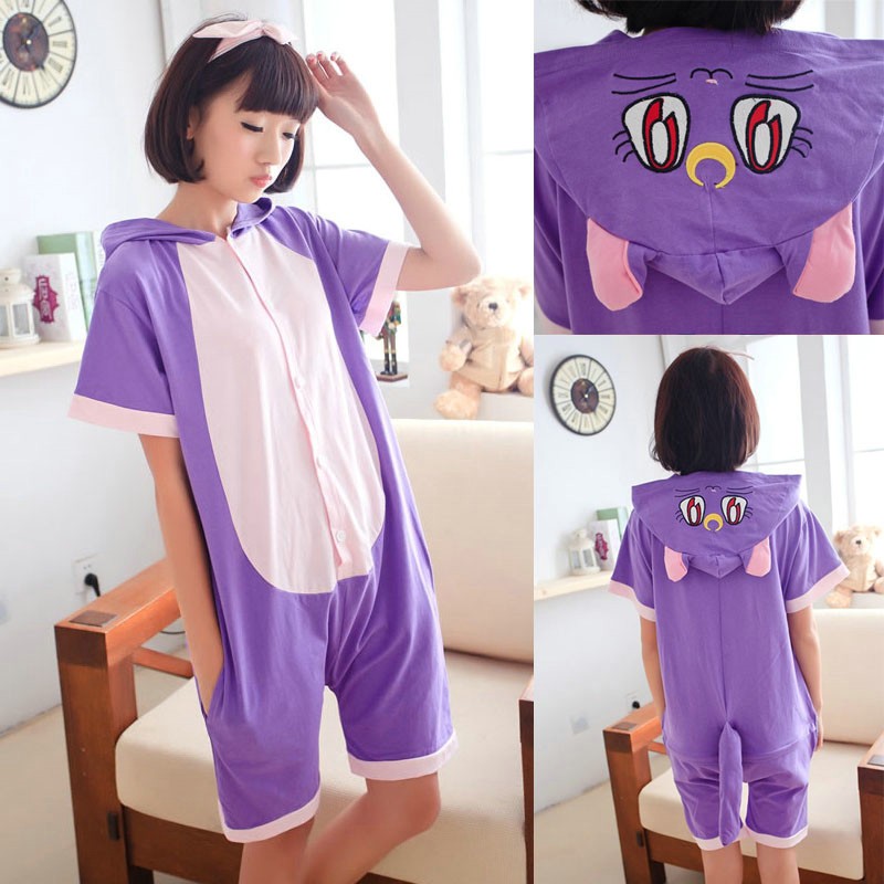 Unisex Sailor Moon Purple Cat Luna Animal Onesies Pajamas Short Sleeve