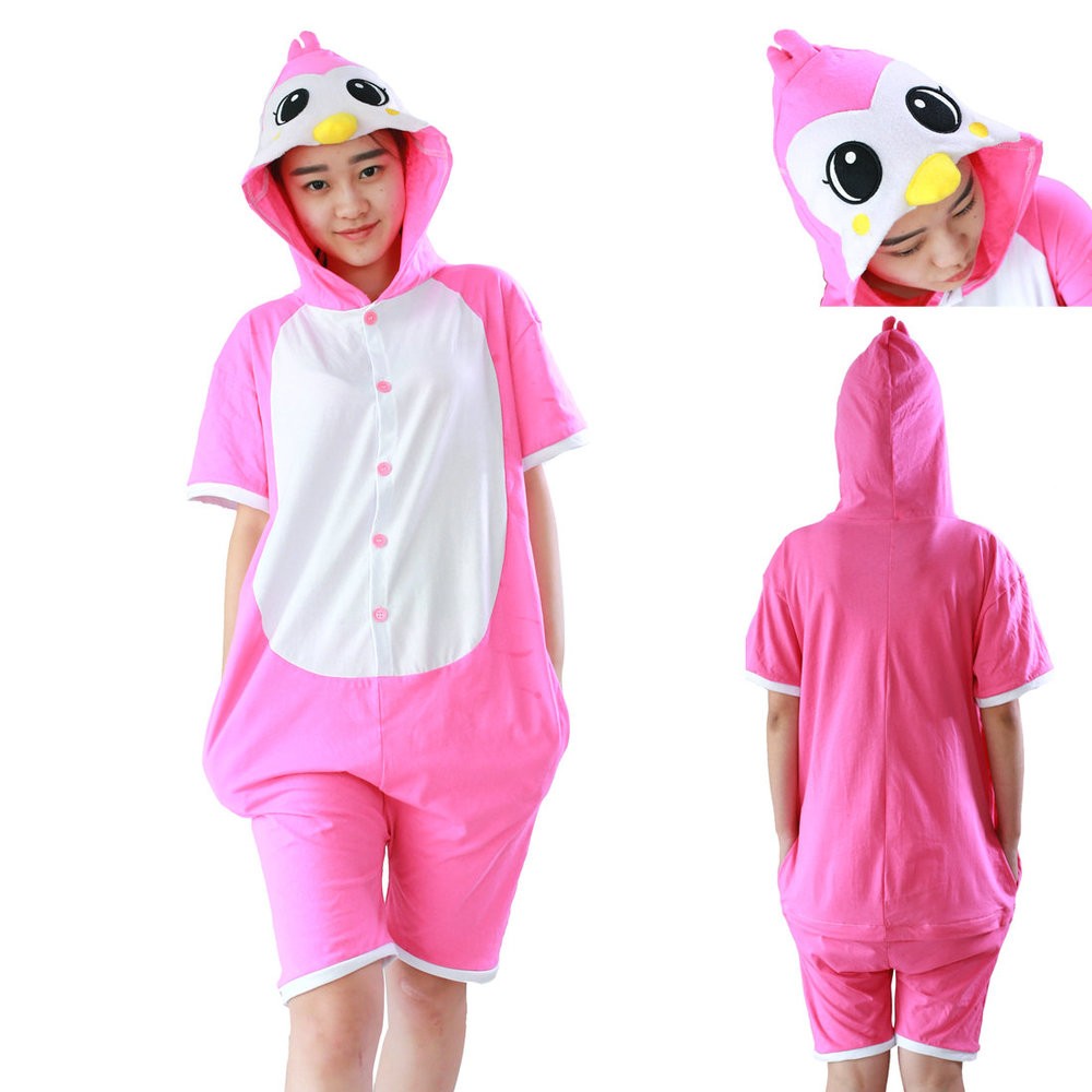 Unisex Penguin Kigurumi Animal Onesiess Costumes Pajamas Pink Short Sleeve