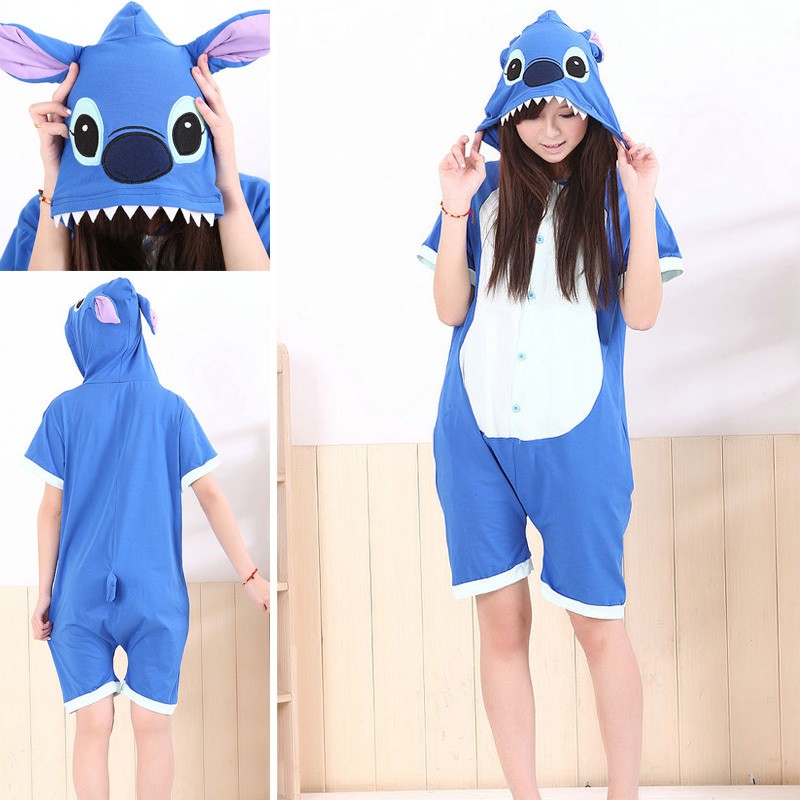 Unisex Blue Stitch Pajamas Animal Onesies Hoodie Kigurumi Short Sleeve Costume