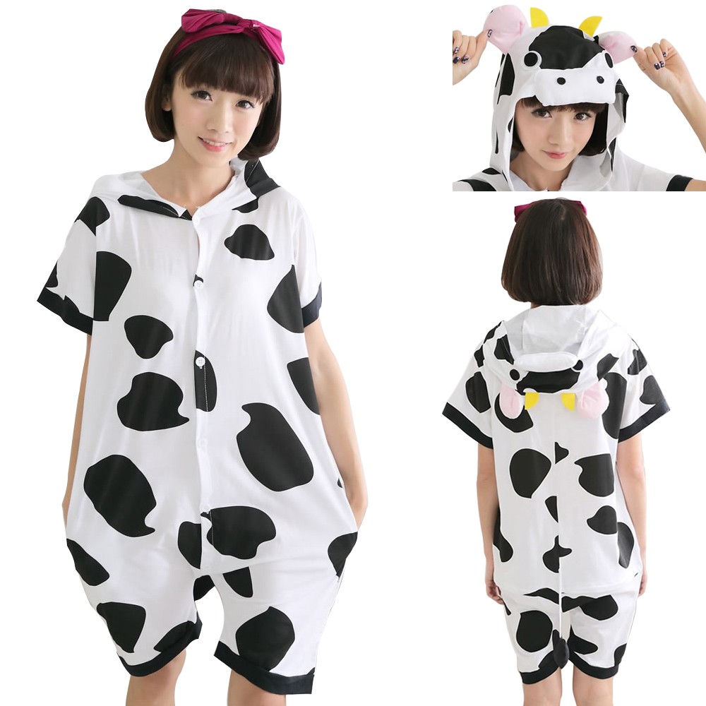 Unisex Cow Pajamas Animal Onesies Hoodie Kigurumi Short Sleeve