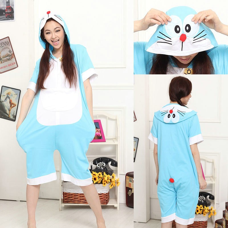 Unisex Doraemon Cat Pajamas Onesies Hoodie Kigurumi Short Sleeve Costume