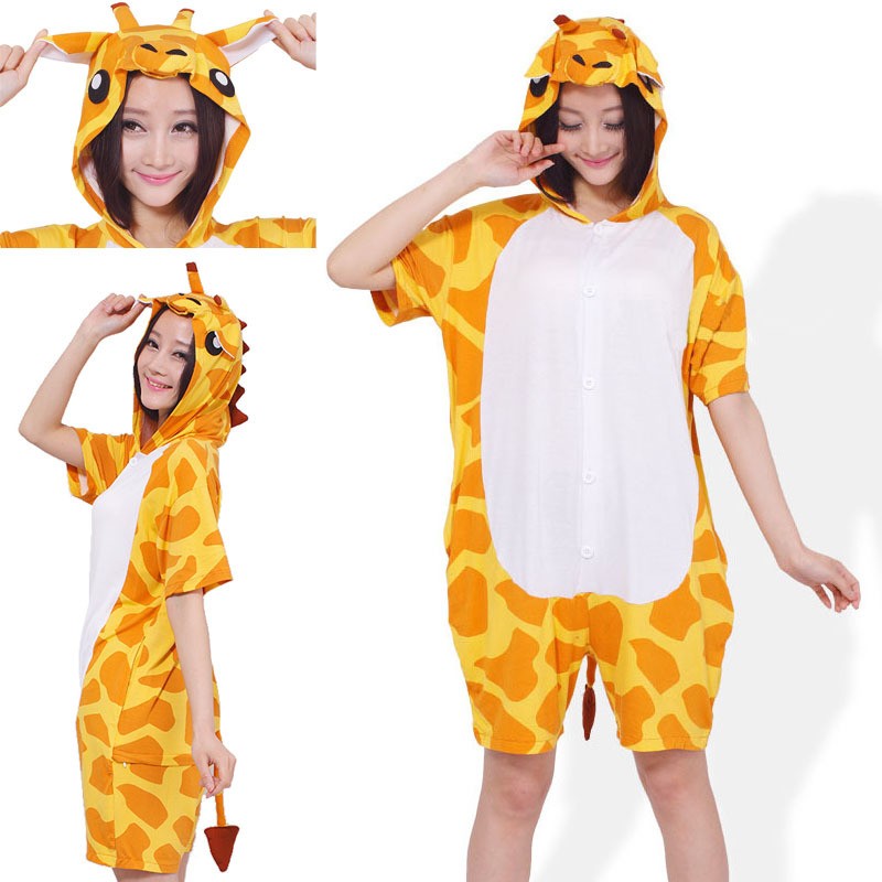 Unisex Giraffe Pajamas Animal Onesies Hoodie Kigurumi Short Sleeve Costume