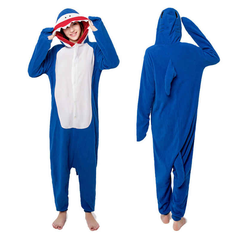 Unisex Blue Shark Kigurumi Onesies Pajamas Animal Costumes For Adult